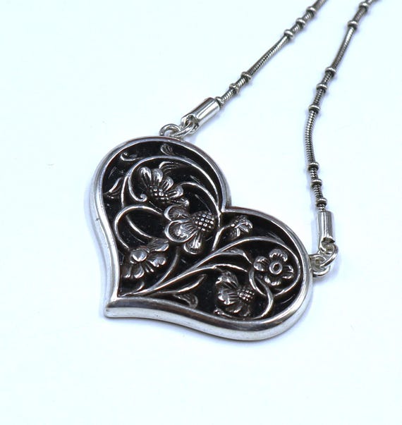 Vintage Silver Tone Chain Black Enamel Brighton Heart
