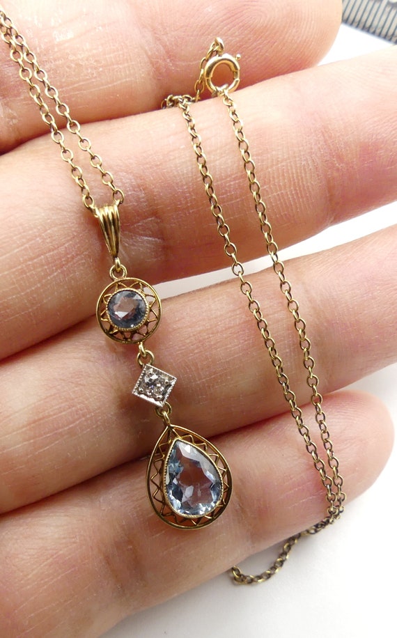 Antique14k gold chains filigree topaz diamonds pen