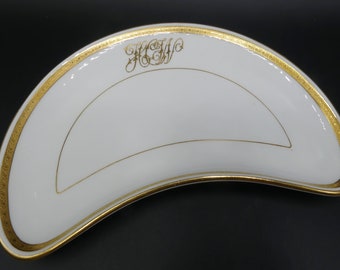 Antique marked Mintons porcelain gold & white crescent  shape plate