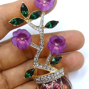 Vintage large gold tone enamel & clear green rhinestone bouquet Lucite flower pin brooch