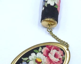 Tono dorado vintage de los años 40 con espejo de flores bordado a mano y soporte para lápiz labial