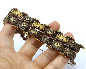 Vintage Toledo Spanish Damascene Link Bracelet, Gold Tone