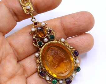 Old signed Austria Edwardian style gold tone & faux pearl multi glass rhinestone glass cameo pendant necklace