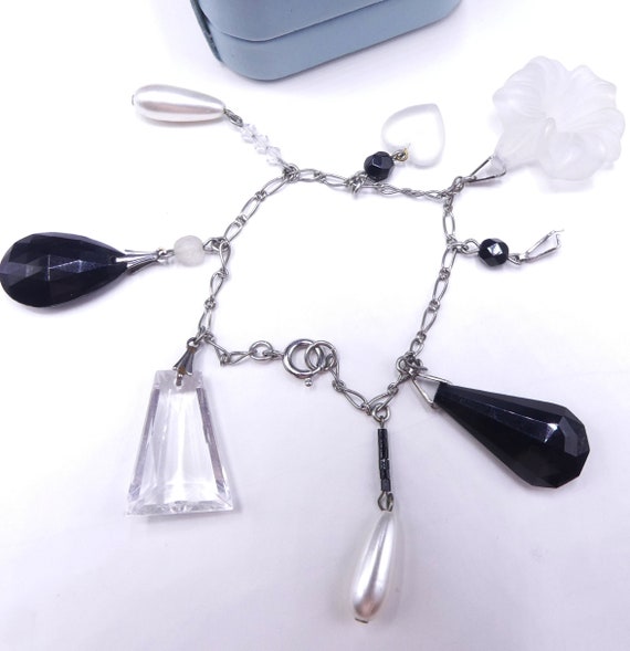 Vintage silver tone faux pearl lucite charms brac… - image 1