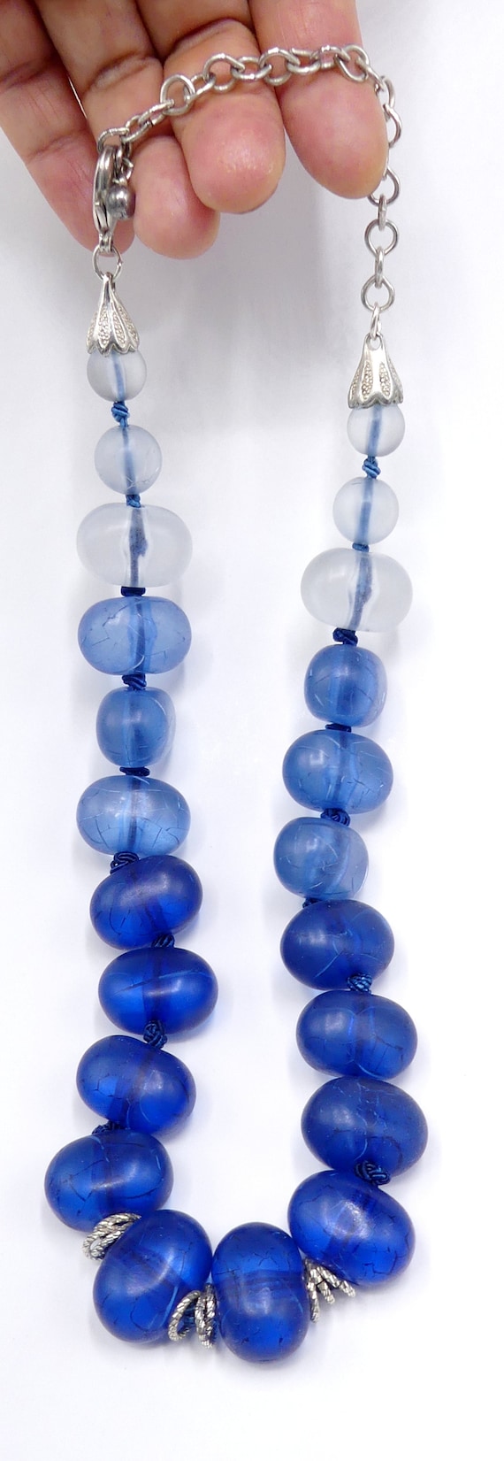 Vintage silver tone & blue Lucite beads necklace - image 1