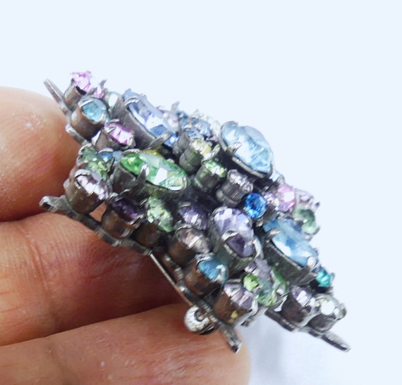 Vintage 50's silver tone & multi color rhinestone… - image 3