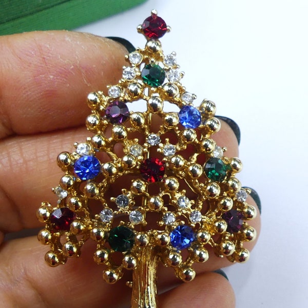 Vintage signed Eisenberg gold tone & multi color rhinestone Christmas tree pin brooch