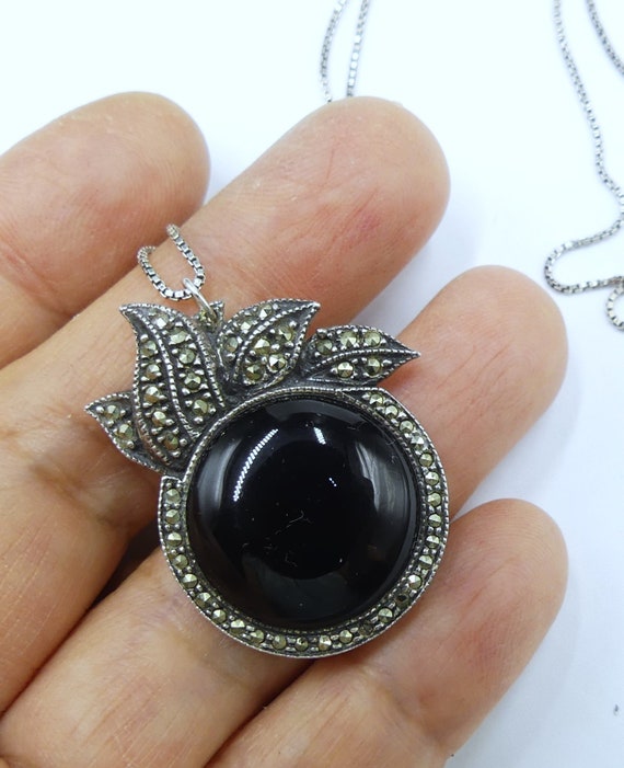 Vintage marked J J sterling silver & marcasite onyx pendant necklace