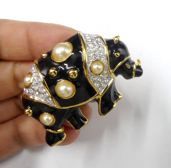 Vintage signed Kenneth Jay Lane gold tone black e… - image 2