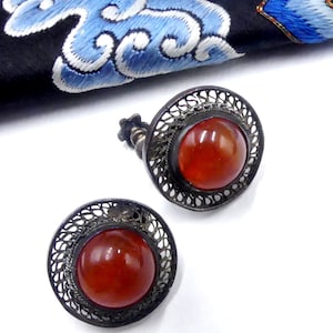 Vintage Chinese silver plated copper filigree carnelian cabochon screw back earrings