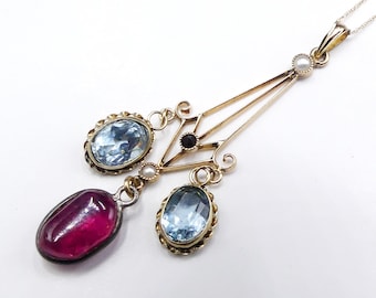 Antique vintage 14k gold chain 10k gold seed pearl tourmaline topaz pendant necklace