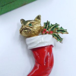 Kitty cat en émail doré vintage avec strass et broche pour chaussettes de Noël image 1