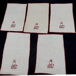 Vintage 5 linen embroidery owls doily mats
