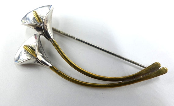 Vintage marked sterling & brass lily pin brooch - image 1