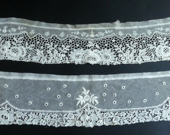 Puede incluir: Dos piezas de encaje blanco con delicados motivos florales. La pieza superior tiene un diseño más intrincado con un borde festoneado. La pieza inferior tiene un diseño más simple con un borde recto.