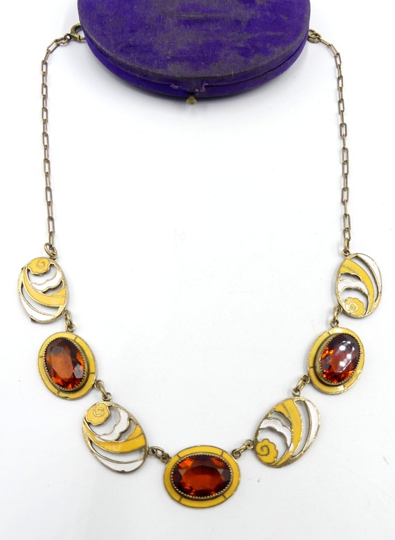 Art nouveau brass chain & enamel with Czech glass 