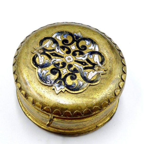 Antique gold tone enamel round pillbox - image 1