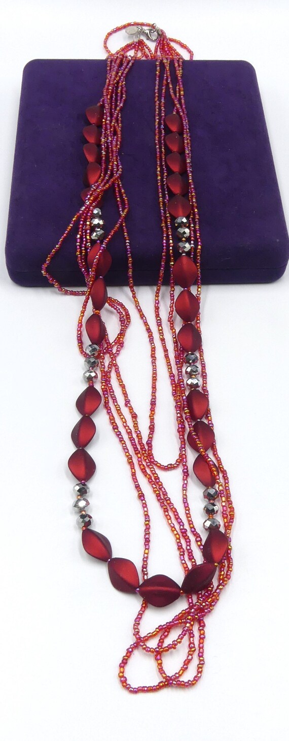Vintage signed Schmuck multi strings red beads lo… - image 2