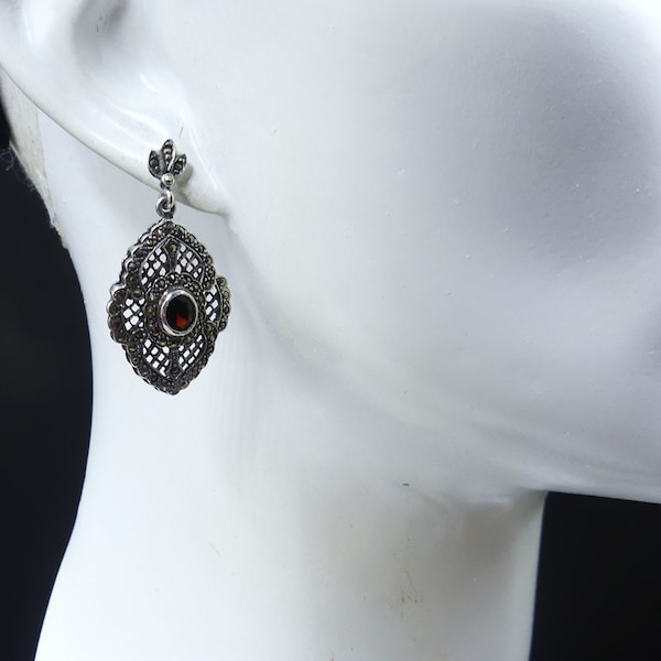 Vintage sterling silver filigree marcasite & garnet stud drop earrings