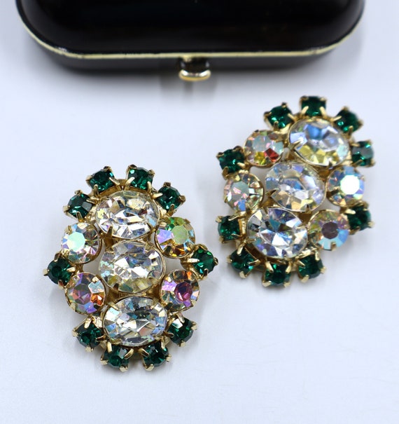 Vintage Gold Tone & Clear Green AB Rhinestone Clip on Flower