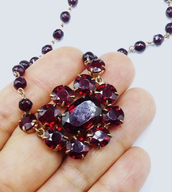 Vintage 30's gold filled & glass  garnet beads pe… - image 1