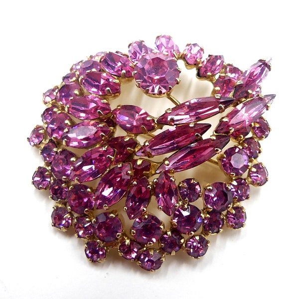 Vintage signed Sherman gold tone fuchsia pink rhinestone pin brooch