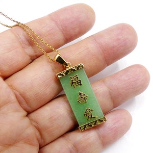 Brand new marked 925 gold plated sterling silver & green stone Chinese letter pendant necklace