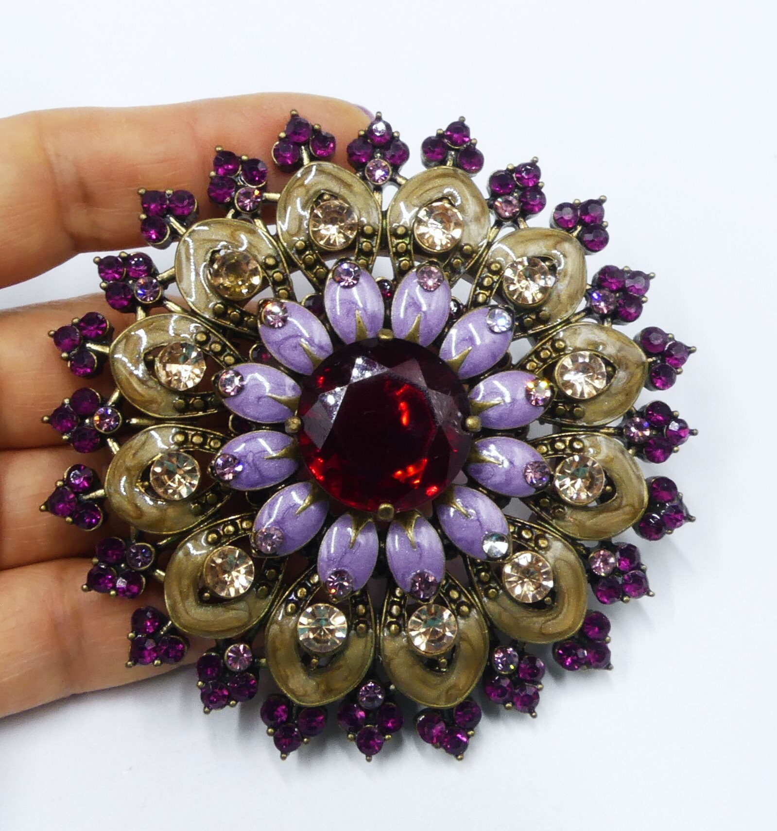 thumbnail image 2 of Victorian Style Purple Stone Brooch - Silver Tone Rectangle Brooch With Lavender Crystals For Shawls And Dresses 2 of 12