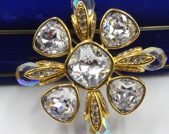 Vintage well made signed Oksana fold tone AB crystal clear rhinestone pin brooch