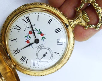 Reloj de bolsillo para correr Arnex Swiss hecho en tono dorado vintage con 17 joyas incabloc