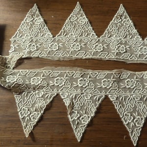 Antique machine and hand sewn French triangle lace trim  1 yard 26” x 5”