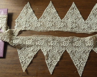 Antique machine and hand sewn French triangle lace trim  1 yard 26” x 5”