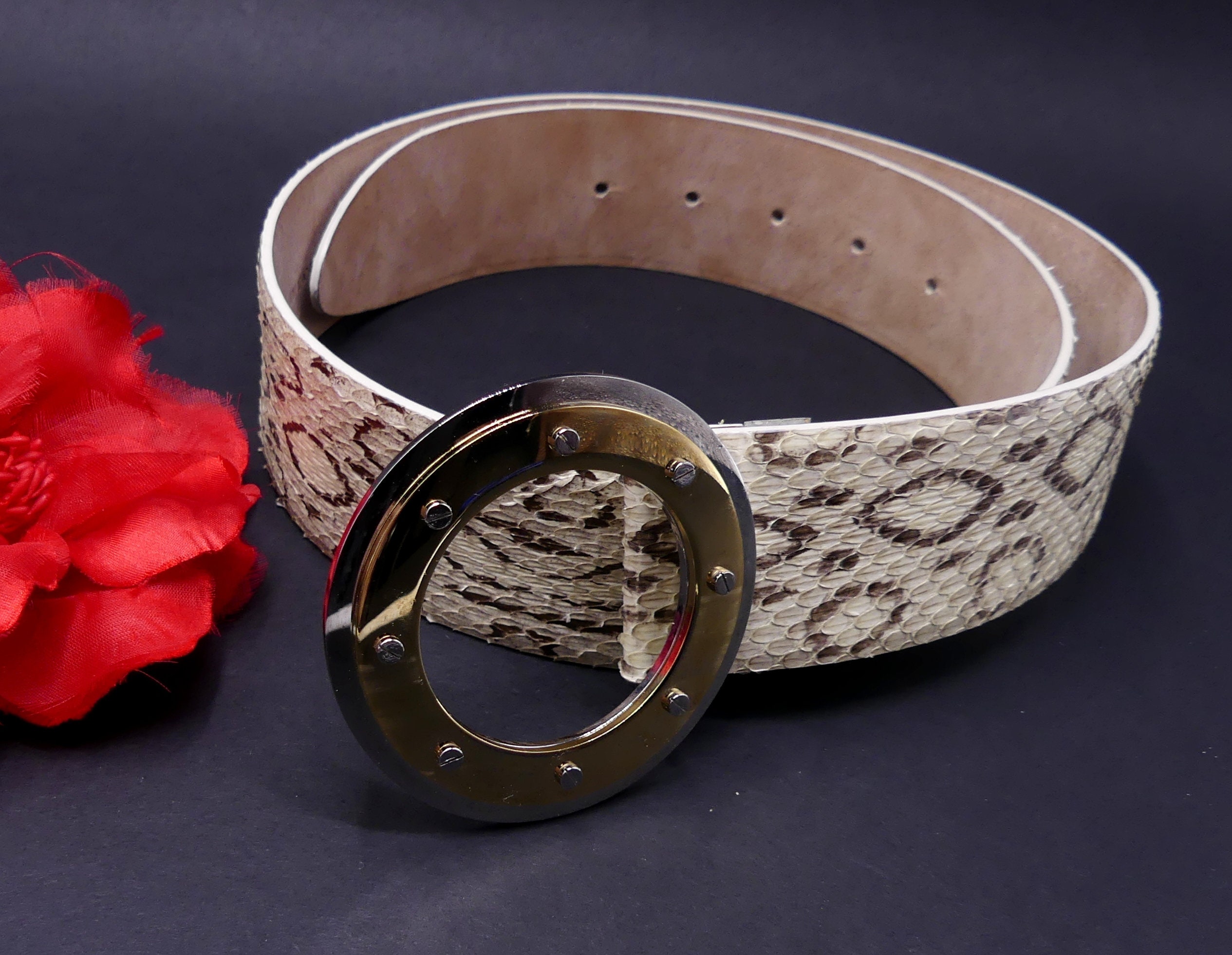 Vintage Dolce Gabbana Snakeskin Leather & Two Tone Metal Round Buckle Belt