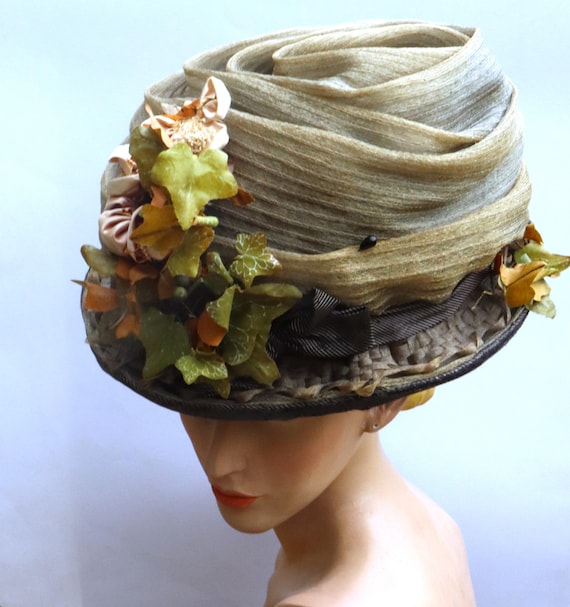 Vintage Victorian Elegant Silk & Linen Tan Floral Women\'s Hat Beige Edwardian Hat With Flowers, Lace and Feathers in Belle  main image 2