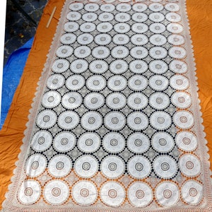 Vintage crocheted & cotton fabric tablecloth color light beige