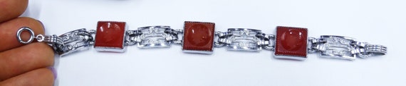 Vintage silver tone & carved glass carnelian colo… - image 2