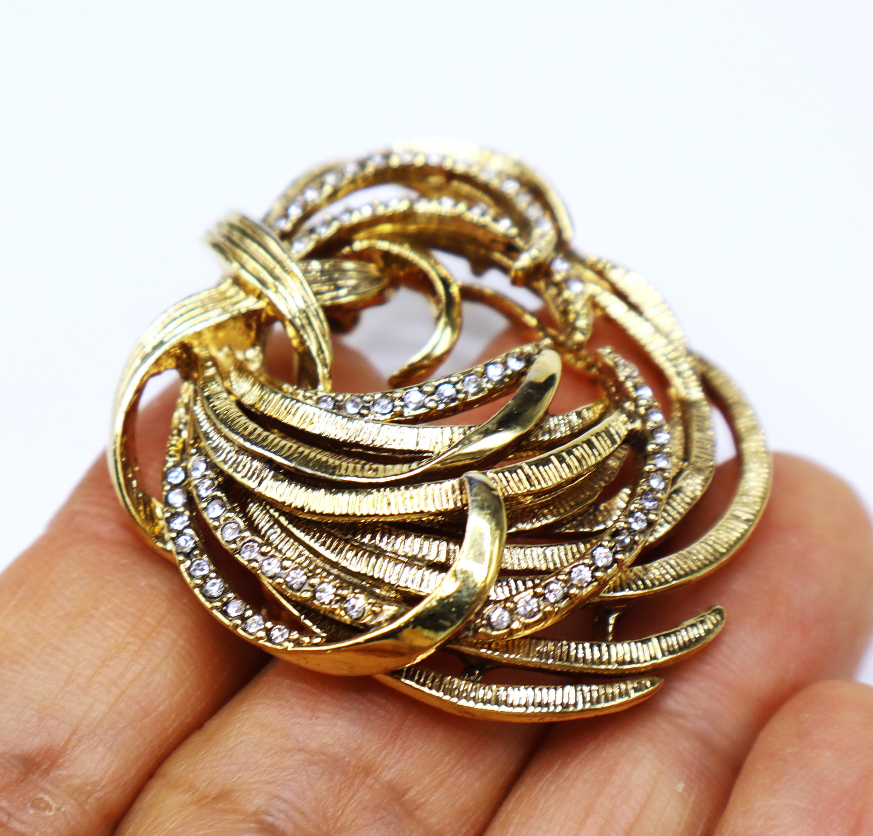 Bijoux Fantaisie - Broche Vintage Signé Monet - Doré Strass