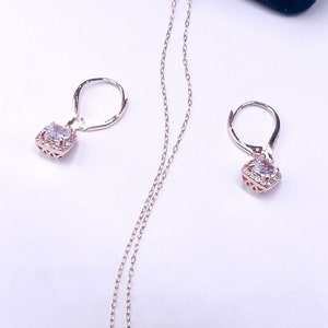 Vintage marked 925 Italy rose gold oval sterling silver and Cz pendant necklace earrings set