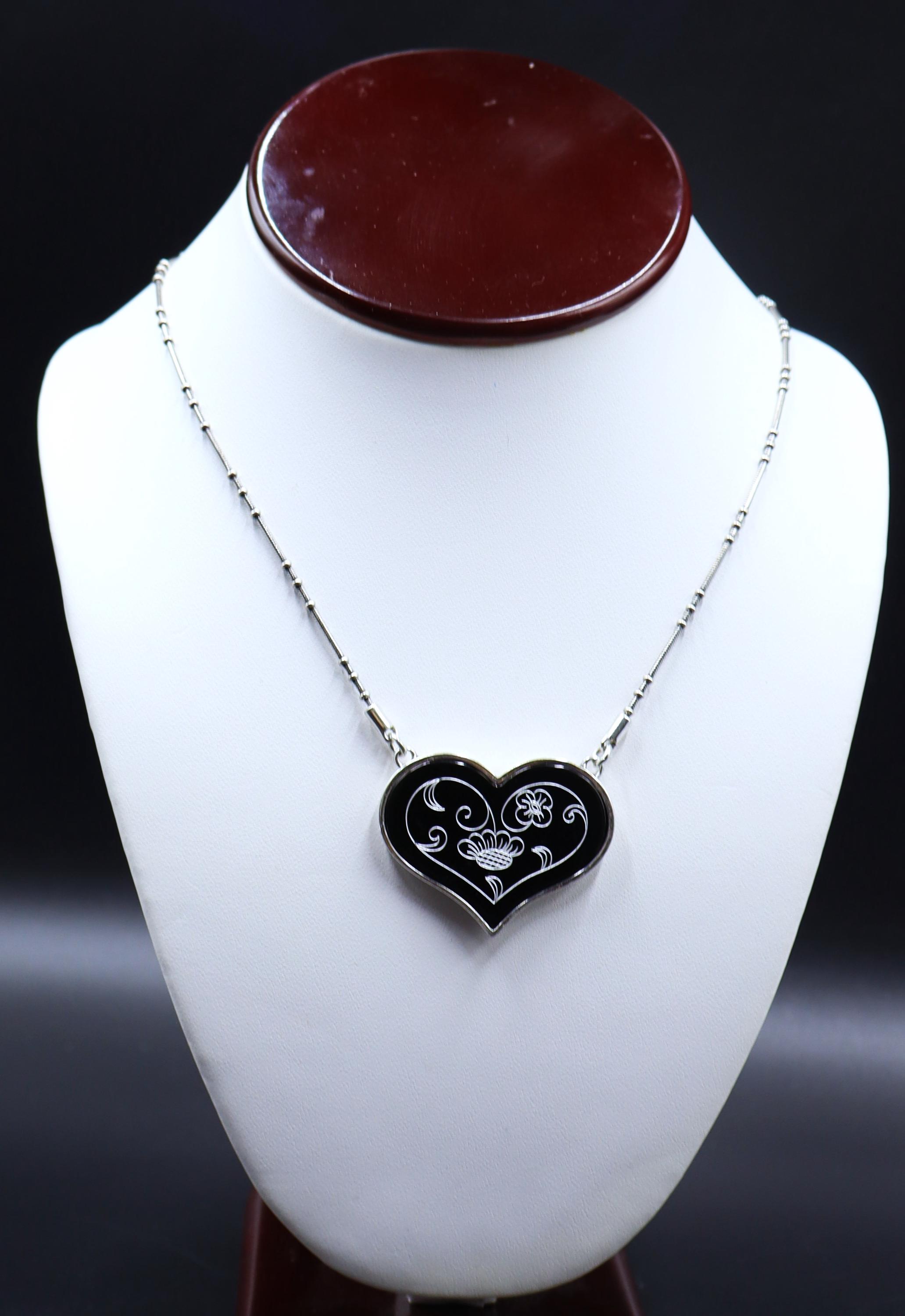 Vintage Silver Tone Chain Black Enamel Brighton Heart