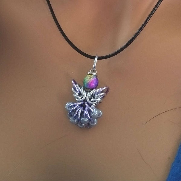 Carol's Little Angel Chainmaille Pendant - glass beads, anodized aluminum