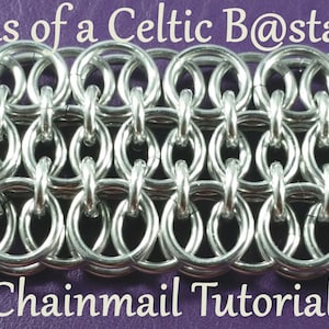 May include: Close-up of a silver chainmail bracelet with a Celtic knot pattern. The bracelet is on a purple background with the text "Visions of a Celtic B@stard Chainmail Tutorial".