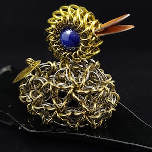 Duck YEAH Rubber Ducky - a freestanding chainmaille sculpture of a rubber duck