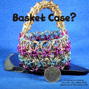 Peut inclure: Un panier en métal doré, bleu et violet tissé à partir de petits anneaux. Le panier a une poignée et repose sur une surface noire. Le texte "Basket Case?" est écrit en grandes lettres noires au-dessus du panier.