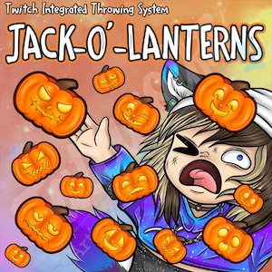 May include: A cartoon character with a surprised expression is surrounded by orange jack-o'-lantern pumpkins. The text "Twitch Integrated Throwing System JACK-O'-LANTERNS" is at the top of the image.