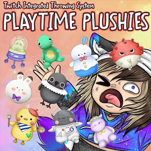 Puede incluir: Una ilustración colorida de una persona con una camisa morada y azul, sosteniendo varios juguetes de peluche. Los juguetes incluyen un conejito blanco, un pájaro negro, un pollito amarillo, una bola roja con pinchos, un astronauta blanco, un unicornio morado, un dinosaurio verde, un personaje blanco con una corbata de moño y una nave espacial. El texto "Twitch Integrated Throwing System PLAYTIME PLUSHIES" está en la parte superior de la imagen.
