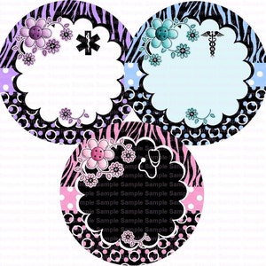 May include: Three round, black and white zebra patterned labels with pink, blue, and purple floral designs. Each label has a white circle in the center with a scalloped edge. The top left label has a pink flower and a red star of life. The top right label has a blue flower and a caduceus. The bottom label has a pink flower and a stethoscope.