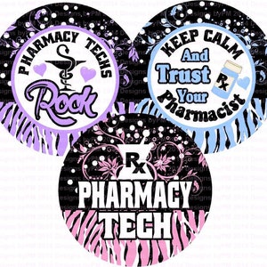 May include: Three round stickers with black and white zebra print backgrounds. The first sticker has a purple background with the text "Pharmacy Techs Rock". The second sticker has a blue background with the text "Keep Calm And Trust Your Pharmacist". The third sticker has a pink background with the text "Pharmacy Tech".