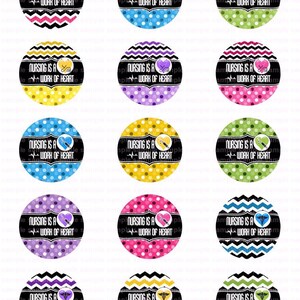 May include: Twelve round black and white printable stickers with a chevron and polka dot pattern. The stickers feature a heart with a stethoscope and the text "Nursing is a work of heart".