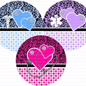 May include: Four round stickers with a black and white damask pattern. Each sticker features a pair of hearts with a rhinestone in the centre. The hearts are blue, purple, pink, and pink with a stethoscope. The stickers have a polka dot background in blue, purple, and pink.