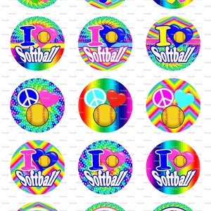 May include: Twelve colorful round stickers with different softball designs. The designs include a softball with hearts, a softball with peace signs, and a softball with the words "I love softball".